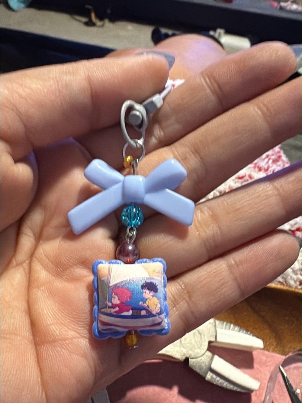 Cute Blue Bow Kids Charm Keychain with Cartoon Pillow